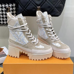 LAUREATE PLATFORM BOOTS IN OAT TAN SUEDE AND MONOGRAM JACQUARD PATTERN