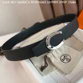 LUCK BELT BUCKLE & REVERSIBLE BLACK LEATHER STRAP 38MM SILVER HARDWARE