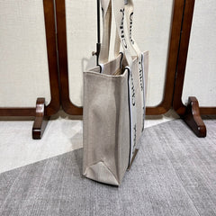 MEDIUM WOODY TOTE BAG 37 IN BEIGE LINEN CANVAS WEBBING BLACK LOGO EMBROIDER WHITE CALFSKIN