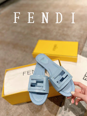 FENDI BAGUETTE SLIDES IN BABY BLUE LAMBSKIN