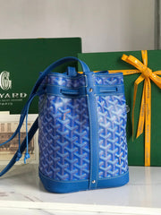 PETIT FLOT BUCKET BAG 22 IN SAPPHIRE BLUE GOYARDINE CANVAS AND LAMBSKIN TRIM