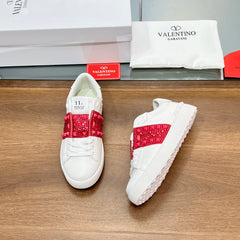 VALENTINO 25S GARAVANI ROCKSTUD UNTITLED STUDDED SNEAKERS IN WHITE LAMBSKIN AND RED STONE-EMBELLISHED