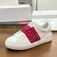 VALENTINO 25S GARAVANI ROCKSTUD UNTITLED STUDDED SNEAKERS IN WHITE LAMBSKIN AND RED STONE-EMBELLISHED