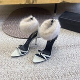 HIGH HEEL SANDAL IN WHITE POLISHED CALFSKIN AND MINK FUR