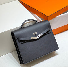 KELLY DEPECHES 34 BRIEFCASE IN BLACK TOGO CALFSKIN SILVER HARDWARE