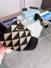 PRA EMBROIDERED SLIDES 65 BLACK AND BEIGE FABRIC