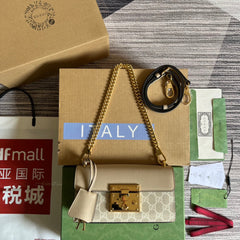 PADLOCK 22 SMALL GG SHOULDER BAG IN BEIGE CALFSKIN AND CANVAS