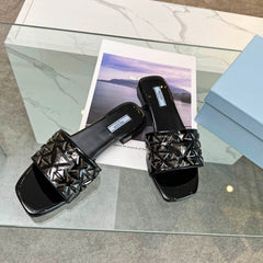 PRA EMBROIDERED SLIDES FLAT BLACK CALFSKIN