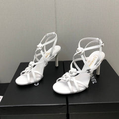 FLORAL HIGH HEEL SANDAL IN WHITE LAMBSKIN