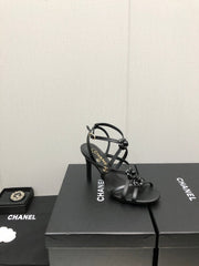 FLORAL HIGH HEEL SANDAL IN BLACK LAMBSKIN