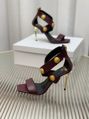 BALMAIN 25S CROSSOVER STRAP HIGH HEELS 95MM IN ROSEWOOD CALFSKIN