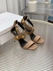 BALMAIN 25S CROSSOVER STRAP HIGH HEELS 95MM IN LIGHT BROWN SUEDE