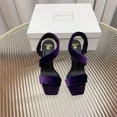 BALMAIN 25S MONETA HEELED SANDALS 95MM IN DEEP PURPLE VELVET