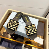 PRA EMBROIDERED SLIDES FLAT BLACK AND BEIGE FABRIC