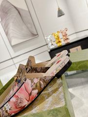 HORSEBIT FLOWER SLIPPER MULE IN DARK BEIGE MONOGRAM JACQUARD FABRIC