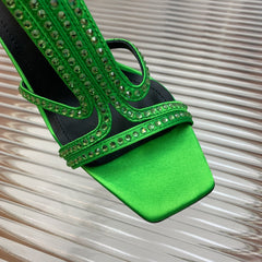 BALMAIN 25S MONETA SANDAL 95MM IN DARK GREEN CALFSKIN WITH CRYSTAL