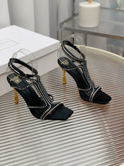 BALMAIN 25S MONETA SANDAL 95MM IN BLACK CALFSKIN WITH CRYSTAL