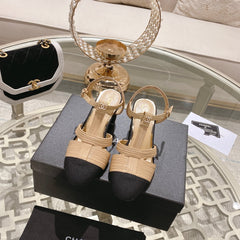 Double C Heeled Sandals Tan Cream Lambskin
