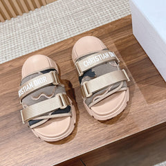 DIOR PLATFORM SLIDES 25S 30 MM IN MOSS GREEN FABRIC AND NUDE CALFSKIN