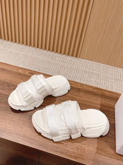 DIOR PLATFORM SLIDES 25S 30 MM IN CREAM WHITE FABRIC AND CALFSKIN