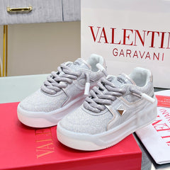 VALENTINO 25S GARAVANI ONE STUD XL PLATFORM SNEAKERS IN SILVER GLITTER FABRIC AND LAMBSKIN