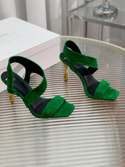 BALMAIN 25S HIGH HEEL SANDALS 95MM IN DARK GREEN SUEDE