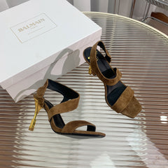 BALMAIN 25S HIGH HEEL SANDALS 95MM IN BROWN SUEDE