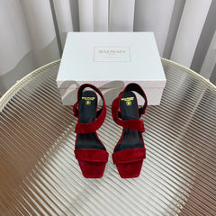BALMAIN 25S HIGH HEEL SANDALS 95MM IN DARK CRIMSON SUEDE
