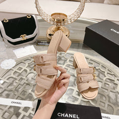 Double C Xiaoxiang Chain Fabric Head Chunky High Heel Cream Lambskin