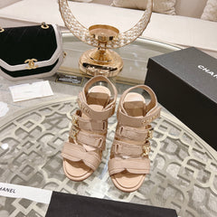 Double C Xiaoxiang Chain Fabric Head Chunky Heel Sandals Cream Lambskin