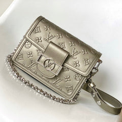 LV 25S MINI DAUPHINE BAG 20 IN BEIGE GRAY MOONOGRAM CALFSKIN SHIMMERING METALLIC GOLD