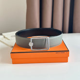 HM OSCAR BELT BUCKLE & REVERSIBLE BLACK AND ASH GREY LEATHER STRAP 38MM SILVER HARDWARE