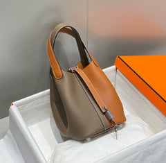 HERMES 25S PICOTIN LOCK 18 IN BROWN AND ORANGE COMBINATION CALFSKIN SILVER HARDWARE