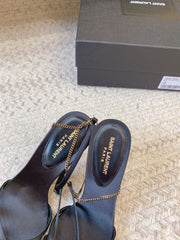 CROSS STRAP HIGH HEEL IN BLACK SILK GOLD CHAIN