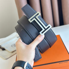 HM BELT BUCKLE & REVERSIBLE BLACK LEATHER STRAP 38MM SILVER HARDWARE