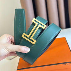 HM BELT BUCKLE & REVERSIBLE TEAL GREEN AND BLACK LEATHER STRAP 38MM GOLD HARDWARE