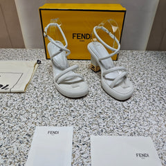 FENDI CHUNKY HIGH-HEELED SANDAL IN WHITE CALFKIN WITH GOLD HARDWARE
