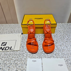 FENDI CHUNKY HIGH-HEELED SANDAL IN ORANGE RED CALFKIN WITH GOLD HARDWARE