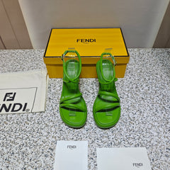 FENDI CHUNKY HIGH-HEELED SANDAL IN SHAMROCK GREEN CALFKIN WITH GOLD HARDWARE
