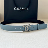 CC 30MM BELT IN STONE BLUE AND BLACK CALFSKIN WITH SILVER HARDWARE