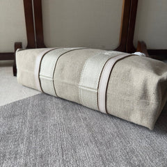 LAGRE WOODY TOTE BAG 45 IN BEIGE LINEN CANVAS WEBBING LOGO EMBROIDER COTTON WHITE CALFSKIN