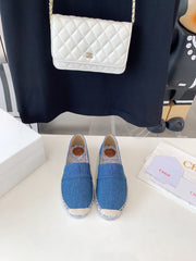 LOAFER SHOES IN CERULEAN BLUE DENIM AND WOVEN RAFFIA