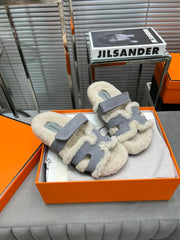 CHYPRE SLIPPERS IN BEIGE LAMB WOOL AND COOL GRAY SUEDE