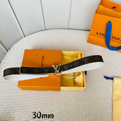 LV Initiales 30mm Reversible Belt Gold Rotating Buckle White Brown Leather