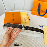 LV Initiales 30mm Reversible Belt Silver Rotating Buckle White Brown Leather