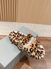 FURRY SLIDES IN LEOPARD PRINT RABBIT FUR