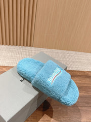 FURRY SLIDES IN SKY BLUE CURLY SHEARLING