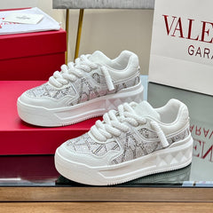 VALENTINO 25S GARAVANI ONE STUD XL PLATFORM SNEAKERS IN WHITE LAMBSKIN STONE-EMBELLISHED