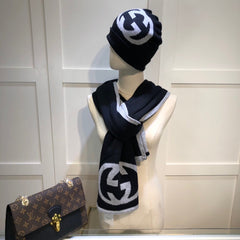 SET HAT AND SCARF IN BLACK MIX LIGHT GRAY CASHMERE 946329