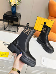 FENDI ROCKOKO BIKER BOOTS IN BLACK CALFSKIN WITH STRETCH FABRIC